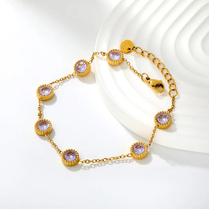 Vintage Milgrain Round Lavender Zircon Station Bracelet | 7.5mm Round CZ | 17+3cm Adjustable Chain