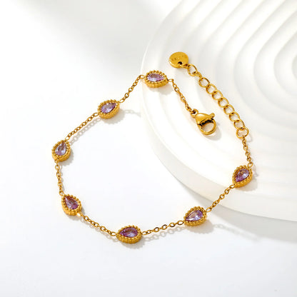 Milgrain Teardrop Pink Zircon Station Bracelet | 5.6x7.5mm Pear CZ | 17+3cm Adjustable Chain