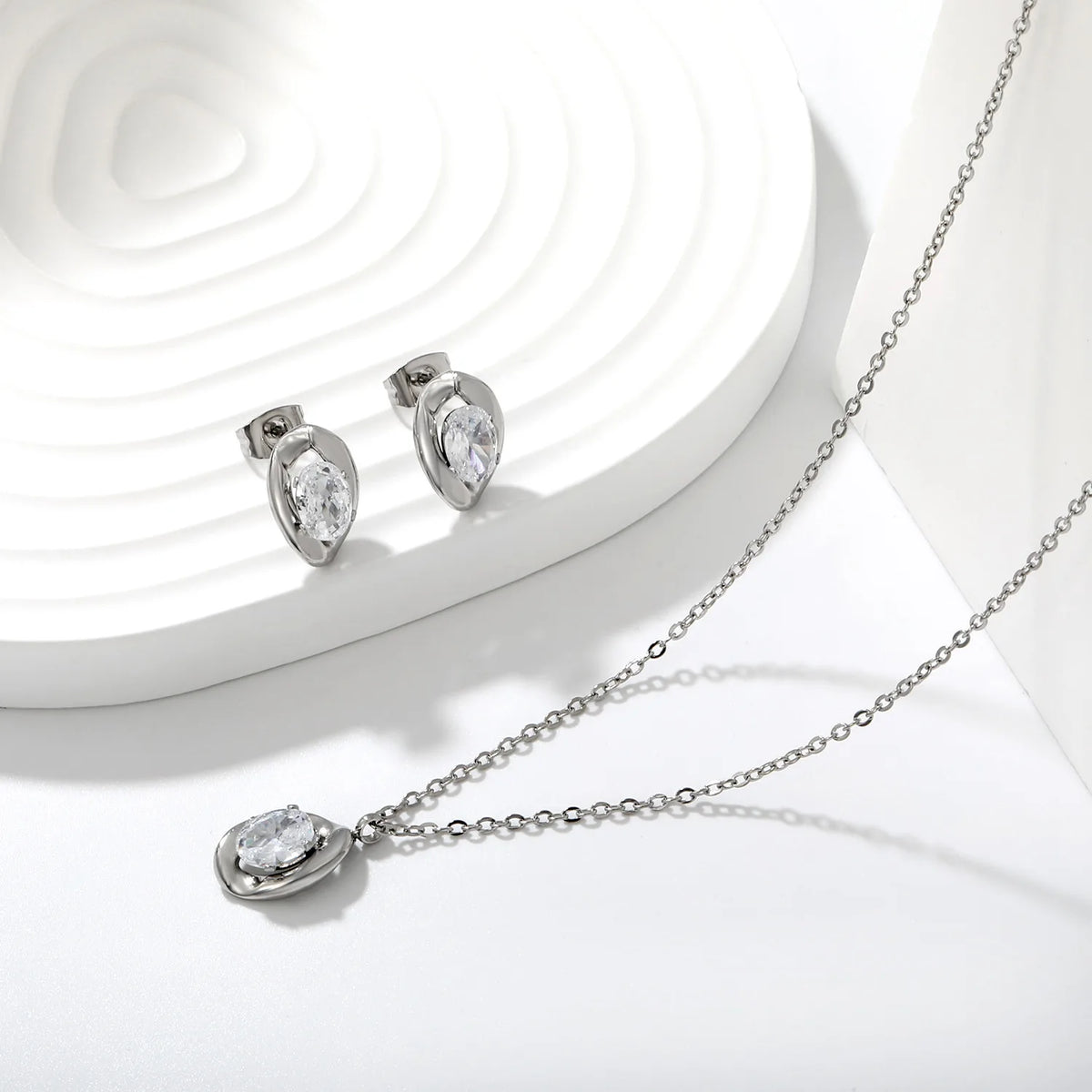 Dainty Irregular Oval Cubic Zirconia Matching Jewelry Set | Zircon Necklace & Earring Studs | 40+5cm Adjustable Chain | Gold & Silver Tone