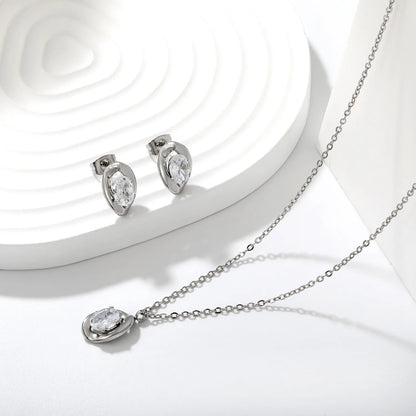 Dainty Irregular Oval Cubic Zirconia Matching Jewelry Set | Zircon Necklace & Earring Studs | 40+5cm Adjustable Chain | Gold & Silver Tone