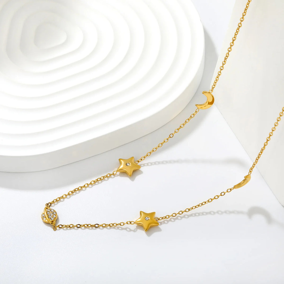 Celestial Star Moon Planet Station Necklace | 6x8mm Moon | 9mm Star | 6x9mm Saturn | 40+5cm Chain | Gold & Silver Tone