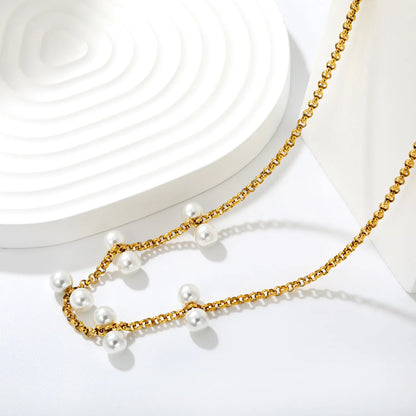 Elegant Scattered Double Pearl Cluster Choker Necklace | 6mm Twin Pearl Beads | 42+5cm Rolo Chain