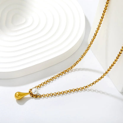 Chunky Rolo Chain Pearl Teardrop Pendant Necklace | 6mm Pearl | 7x13mm Water Drop Charm | 42+5cm Adjustable Chain