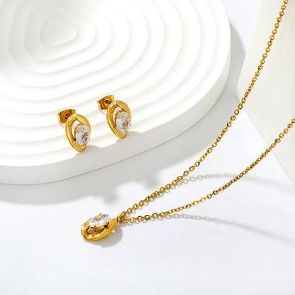 Dainty Irregular Oval Cubic Zirconia Matching Jewelry Set | Zircon Necklace & Earring Studs | 40+5cm Adjustable Chain | Gold & Silver Tone