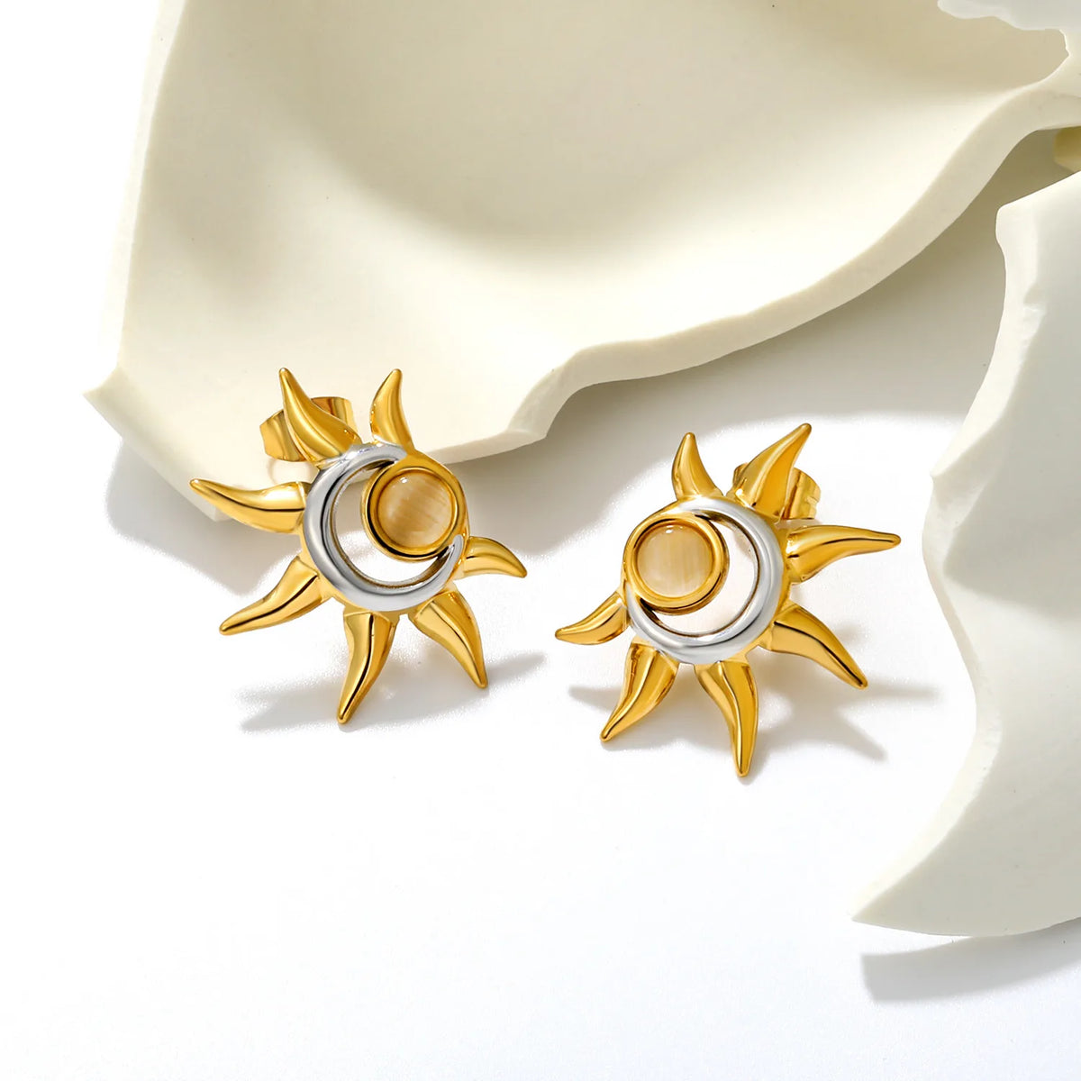 Boho Sun Moon Stud Earrings 22x27mm Two Tone Cat Eye Stone | 18K Gold Plated | Wholesale MOQ 12
