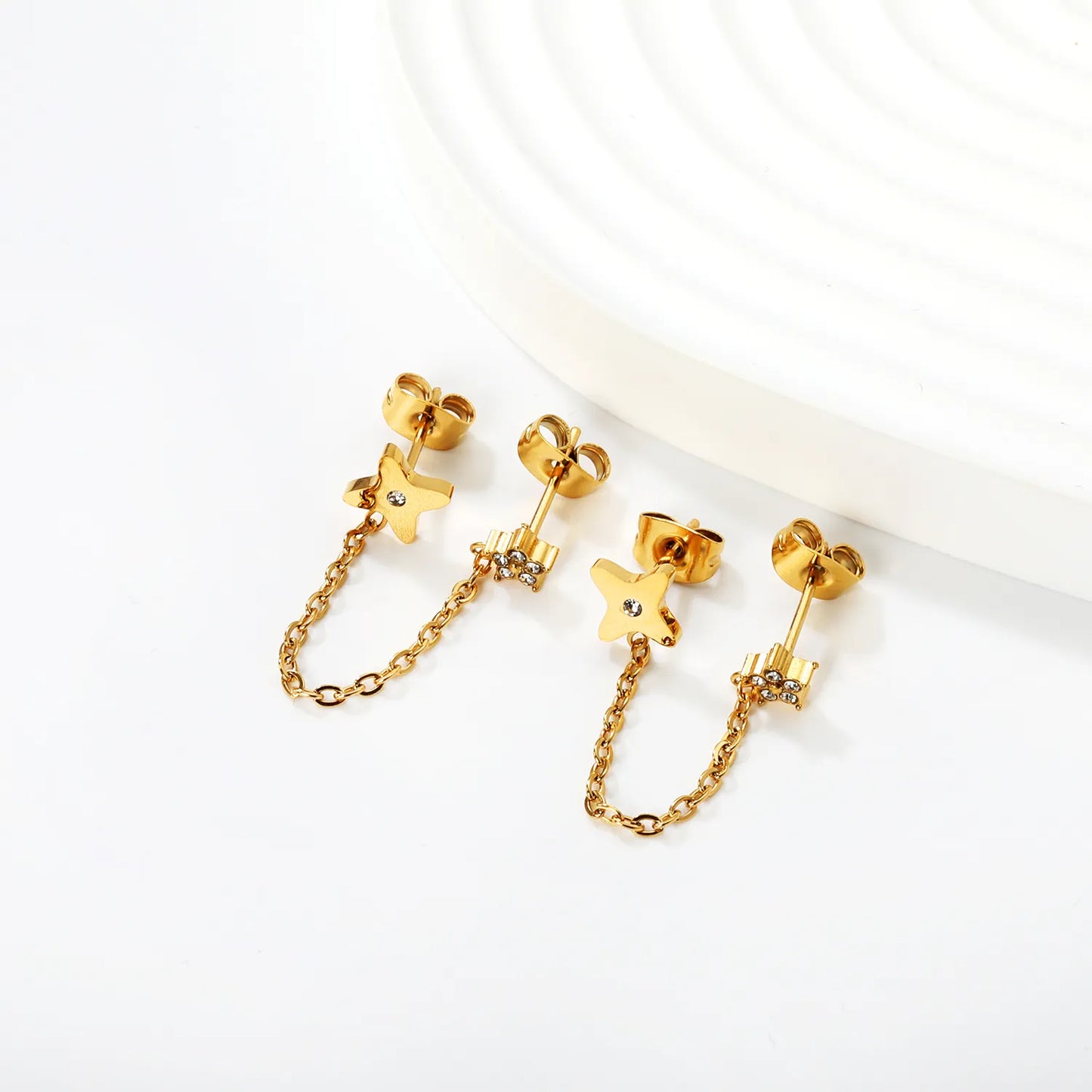 Star & Clover Chain-Linked Gold-Plated Stainless Steel Stud Earrings | Minimalist Asymmetrical Design | Tarnish-Resistant | Wholesale Jewelry | MOQ 12
