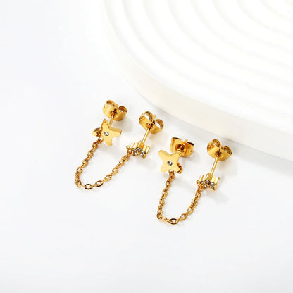 Star & Clover Chain-Linked Gold-Plated Stainless Steel Stud Earrings | Minimalist Asymmetrical Design | Tarnish-Resistant | Wholesale Jewelry | MOQ 12
