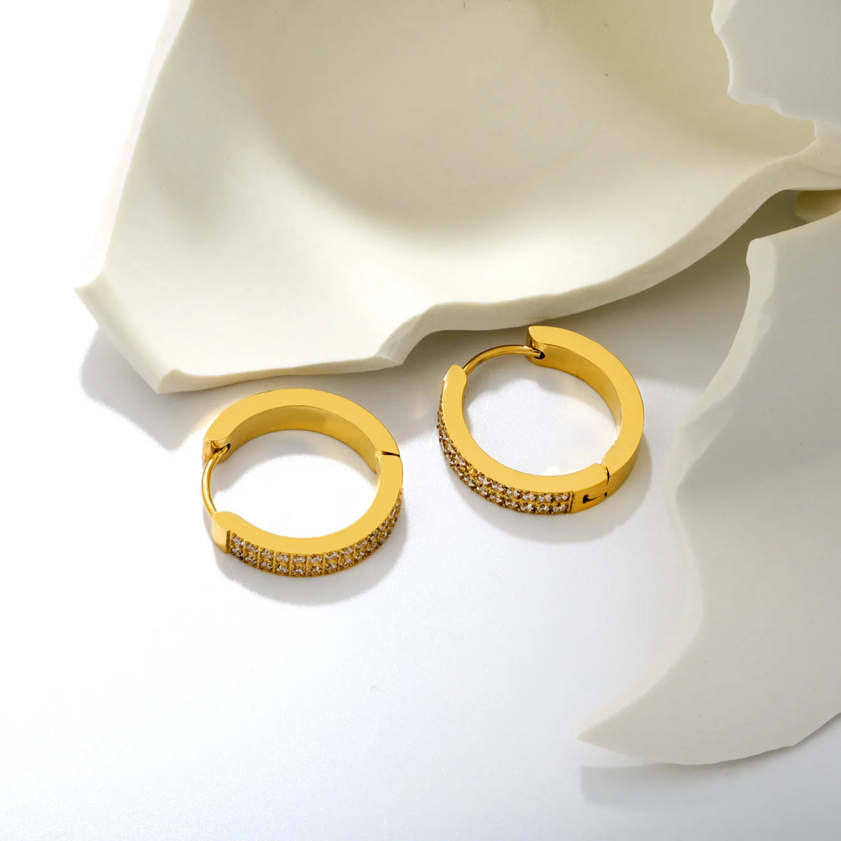 Chunky Double Row CZ Huggie Hoop Earrings | Gold & Steel Color | 4x20mm Paved Cubic Zirconia | MOQ 12