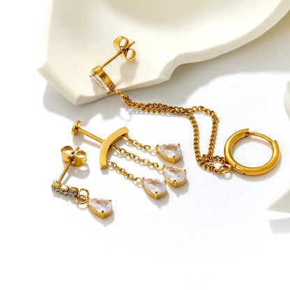 Statement Linked Huggie & Stud Earring Pack | Layered Water Drop CZ Dangle Chain Earrings For Ear Stack