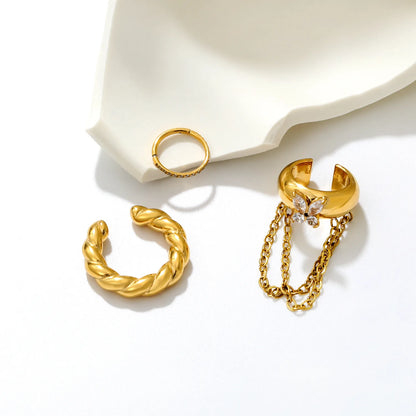 Butterfly CZ Chain Ear Cuff Set | 3Pcs Twisted Open Cuff & Pave Hoop | 18K Gold Plated Stack Ear Jewelry