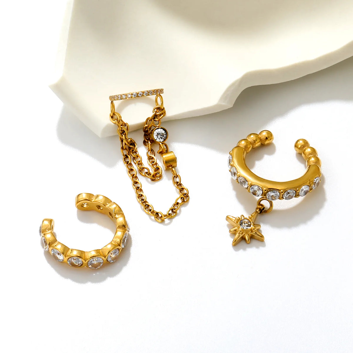 Sparkly Star Charm Ear Cuff Pack | Multi Style Bezel Set CZ Ear Cuffs With Chain Tassel | Stackable Non Piercing Ear Jewelry