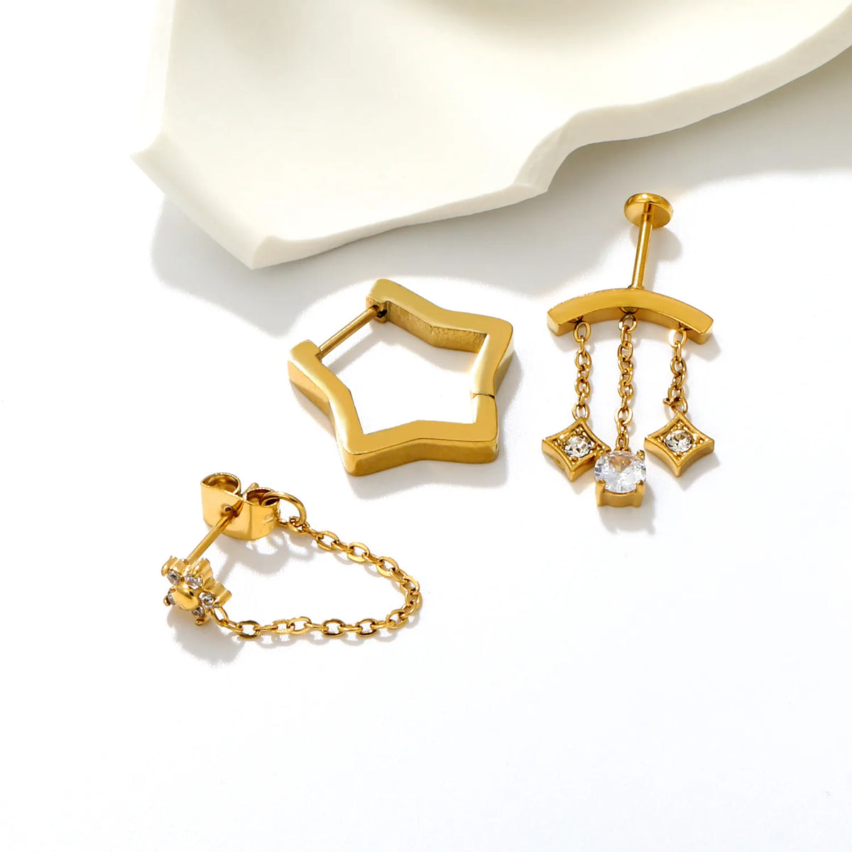 Layered Chain Drop CZ Ear Jewelry Pack | Mixed Style Square Floral Zircon Studs & Star Huggies