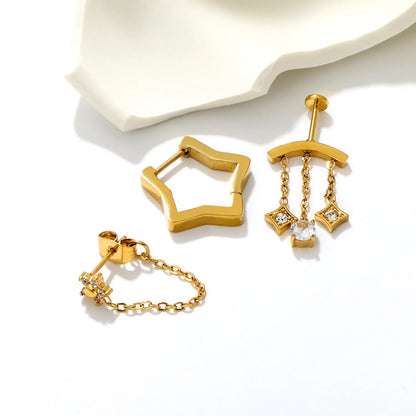 Layered Chain Drop CZ Ear Jewelry Pack | Mixed Style Square Floral Zircon Studs & Star Huggies