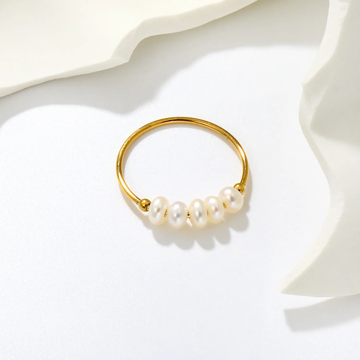 5 Freshwater Pearl Beads Stacking Ring | 4.5mm Band | 18K Gold Plated | MOQ 12