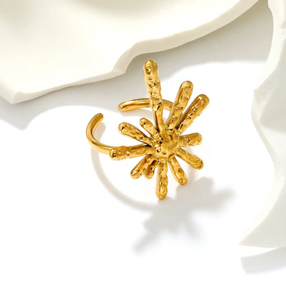 Textured Hammered Firework Open Cuff Ring | 25x30mm 18K Gold Plated Abstract Burst Statement Ring | Size 8