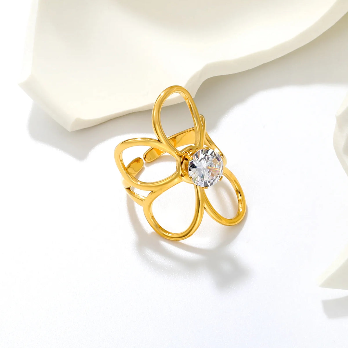 Oversized Outline Flower Zircon Ring | 30mm 18K Gold Plated Open Floral Ring | Size 7