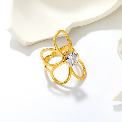 Oversized Outline Flower Zircon Ring | 30mm 18K Gold Plated Open Floral Ring | Size 7