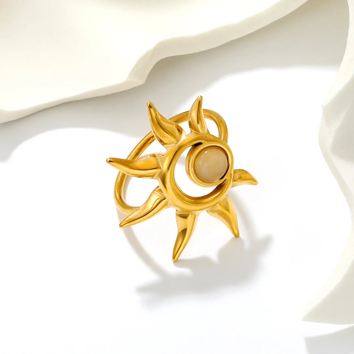 Boho Sun Opal Inlay Statement Ring | 27mm 18K Gold Plated Hollow Solar Open Ring | Size 8