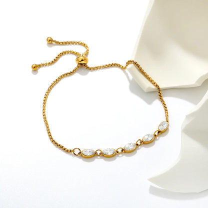 Minimalist Oval Clear CZ Bolo Bracelet | 8.5x3.7mm Marquise Oval Zircon | 24cm Adjustable Box Chain