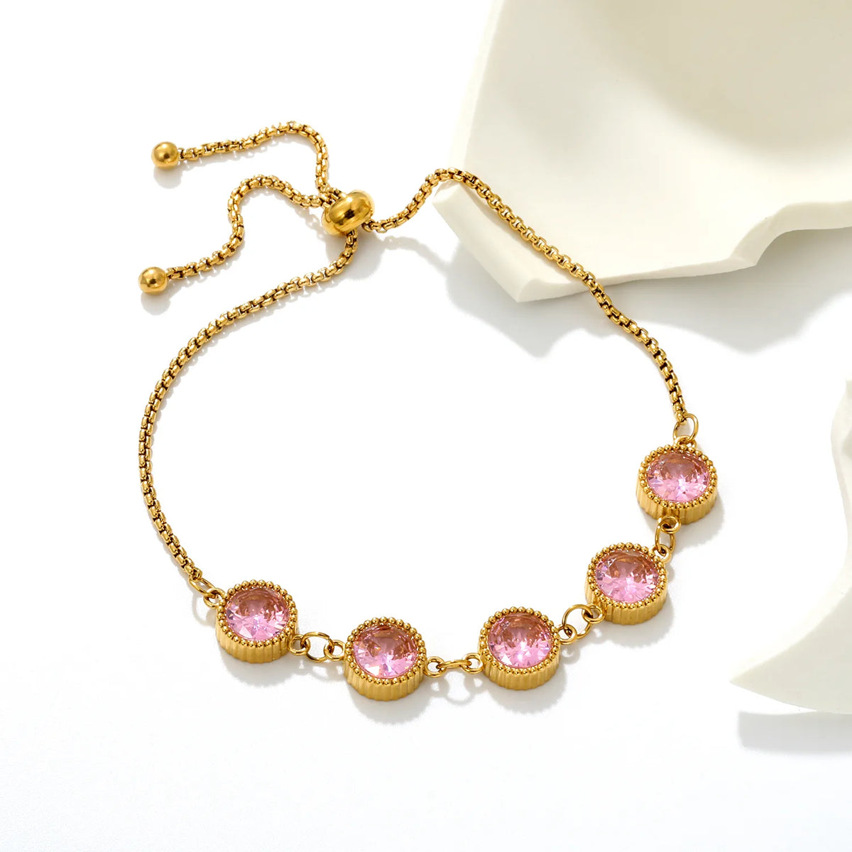 Milgrain Round Pink Zircon Bolo Bracelet | 8mm Round CZ | 24cm Adjustable Box Chain