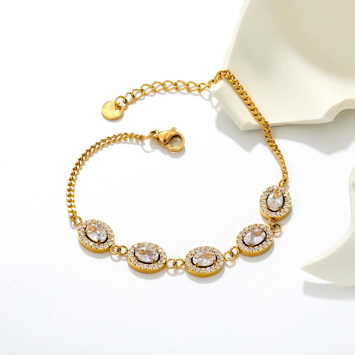 Halo Oval Clear Zircon Station Bracelet | 10x8.5mm Oval CZ | 17+3cm Curb Chain