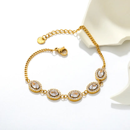 Halo Oval Clear Zircon Station Bracelet | 10x8.5mm Oval CZ | 17+3cm Curb Chain