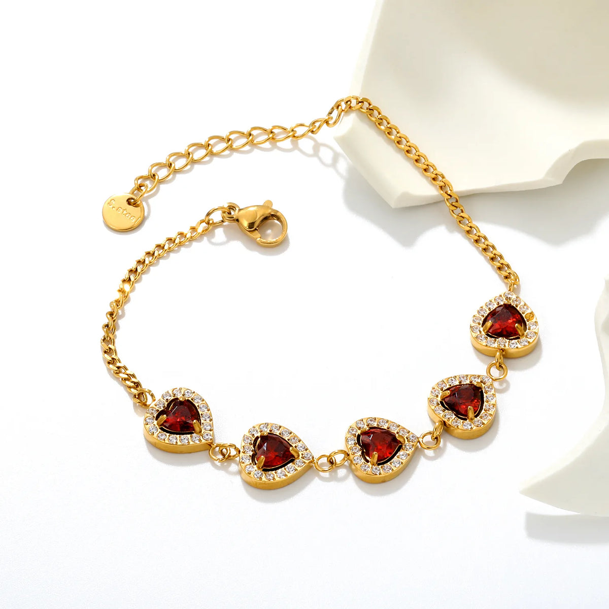 Romantic Halo Heart Red Zircon Station Bracelet | 10mm Heart CZ | 17+3cm Curb Chain