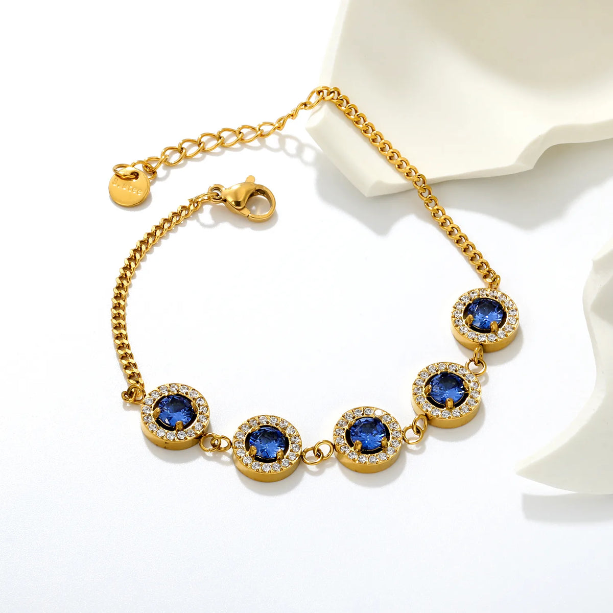 Elegant Bezel Set Sapphire Blue Cubic Zirconia Halo Bracelet | 10mm Double Layer CZ Charm | 17+3cm Curb Chain