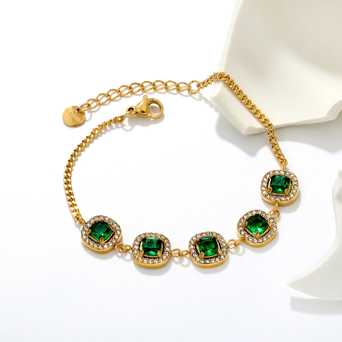 Halo Cushion Green Zircon Station Bracelet | 10mm Square Cushion CZ | 17+3cm Curb Chain
