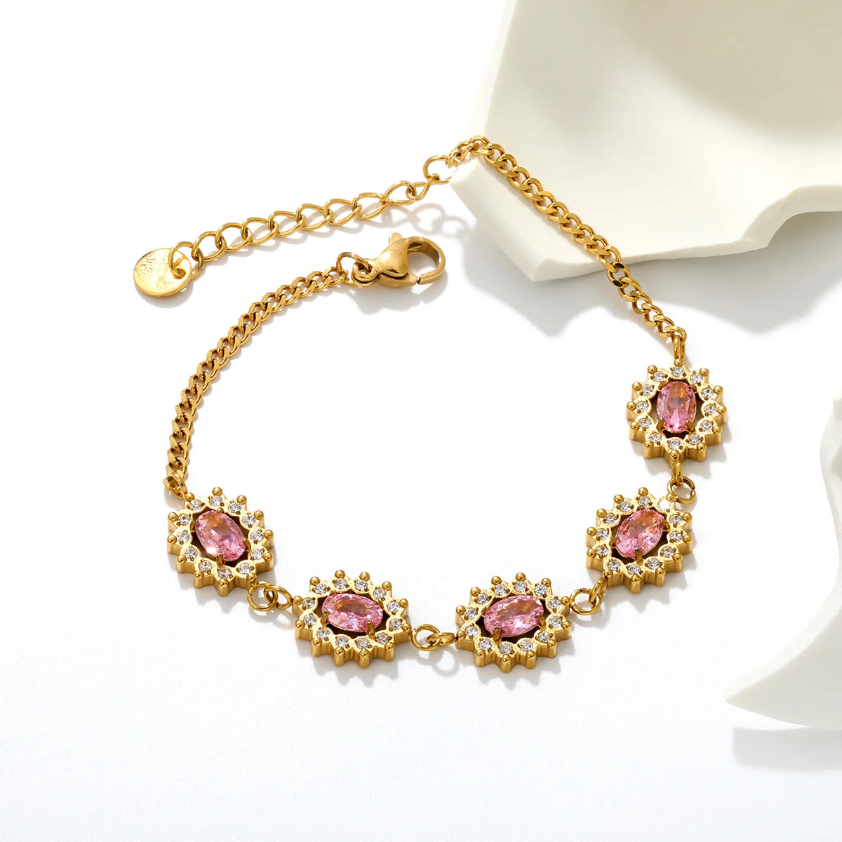 Ornate Floral Halo Oval Pink Zircon Station Bracelet | 12x10mm Oval CZ | 17+3cm Curb Chain