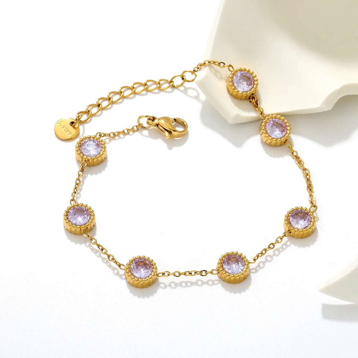 Vintage Milgrain Round Lavender Zircon Station Bracelet | 7.5mm Round CZ | 17+3cm Adjustable Chain