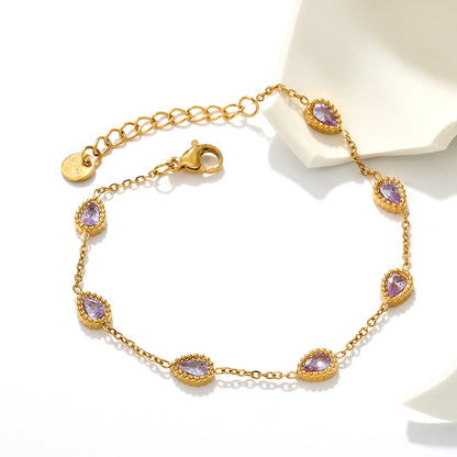 Milgrain Teardrop Pink Zircon Station Bracelet | 5.6x7.5mm Pear CZ | 17+3cm Adjustable Chain