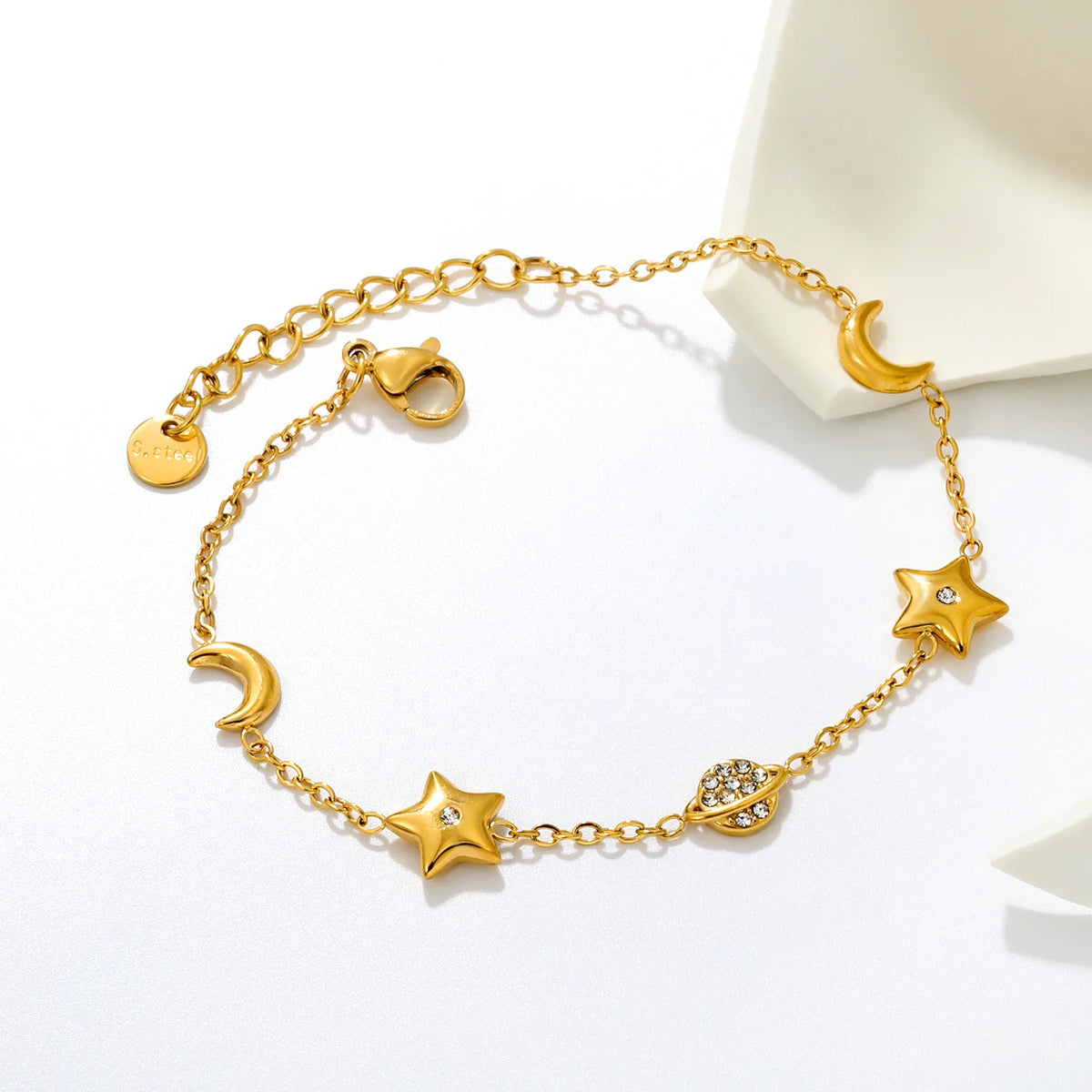 Whimsical Celestial Star Moon Saturn Charm Bracelet | 6-9mm Mixed Charms | 17+3cm Adjustable Cable Chain | 18K Gold Plated & Silver Tone Two Colors