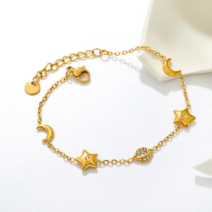 Whimsical Celestial Star Moon Saturn Charm Bracelet | 6-9mm Mixed Charms | 17+3cm Adjustable Cable Chain | 18K Gold Plated & Silver Tone Two Colors