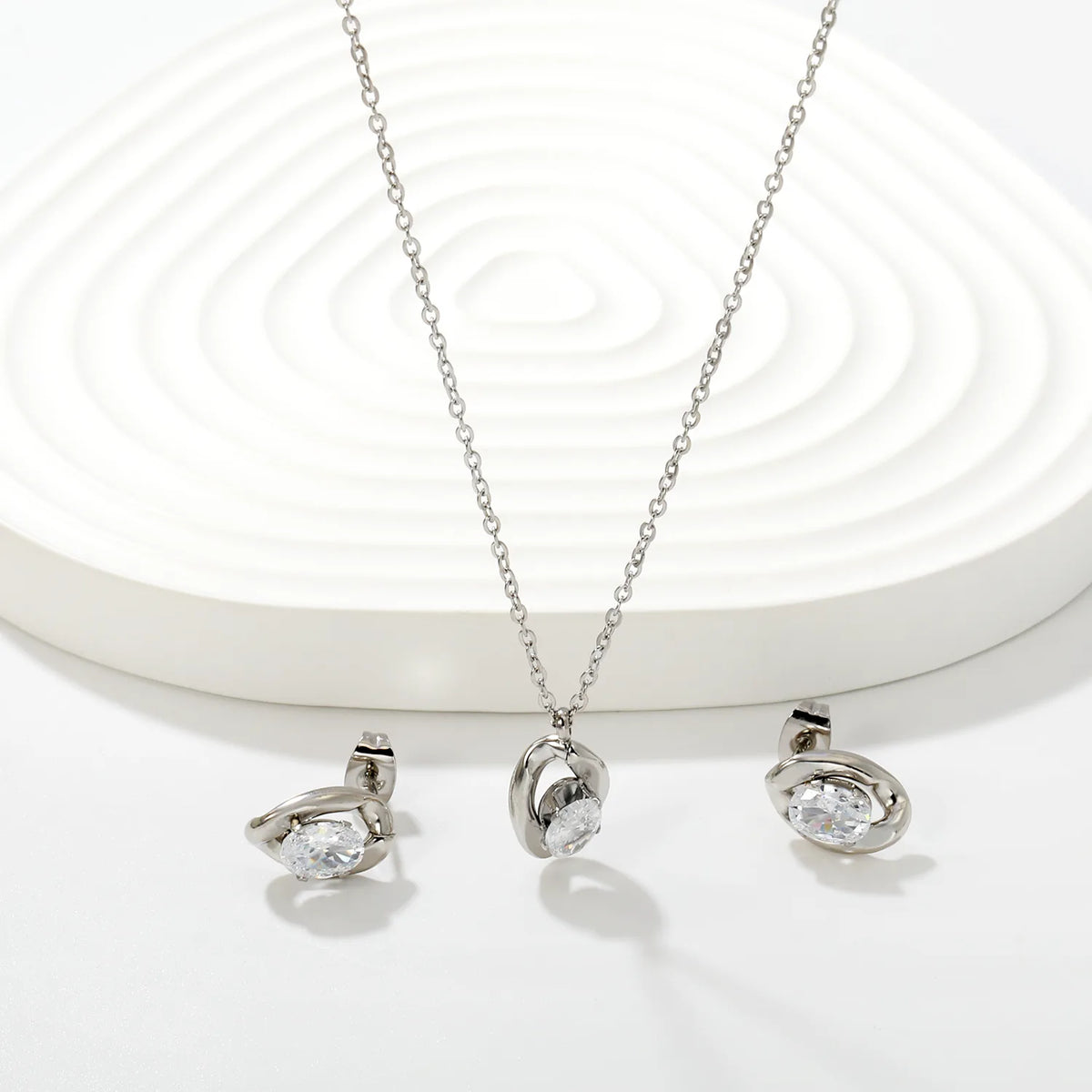 Dainty Irregular Oval Cubic Zirconia Matching Jewelry Set | Zircon Necklace & Earring Studs | 40+5cm Adjustable Chain | Gold & Silver Tone