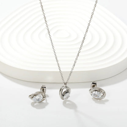 Dainty Irregular Oval Cubic Zirconia Matching Jewelry Set | Zircon Necklace & Earring Studs | 40+5cm Adjustable Chain | Gold & Silver Tone