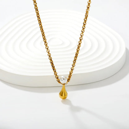 Chunky Rolo Chain Pearl Teardrop Pendant Necklace | 6mm Pearl | 7x13mm Water Drop Charm | 42+5cm Adjustable Chain