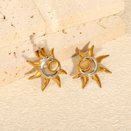 Boho Sun Moon Stud Earrings 22x27mm Two Tone Cat Eye Stone | 18K Gold Plated | Wholesale MOQ 12