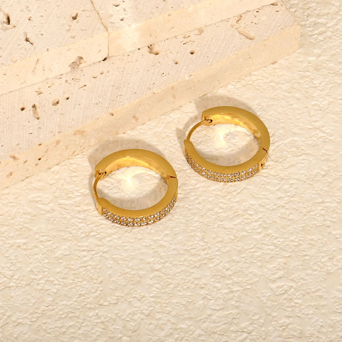 Chunky Double Row CZ Huggie Hoop Earrings | Gold & Steel Color | 4x20mm Paved Cubic Zirconia | MOQ 12
