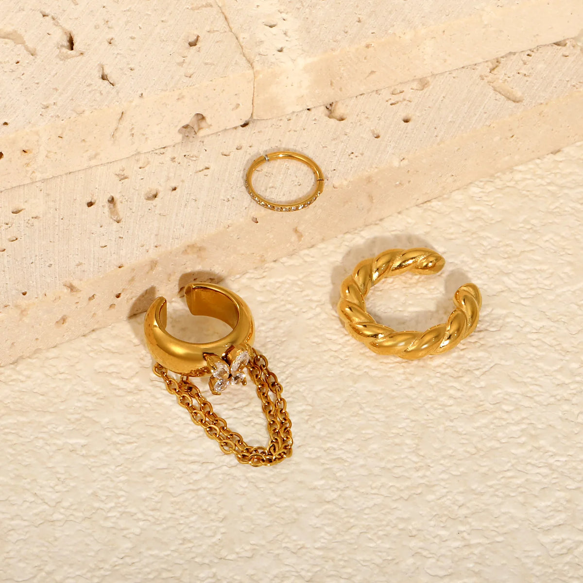 Butterfly CZ Chain Ear Cuff Set | 3Pcs Twisted Open Cuff & Pave Hoop | 18K Gold Plated Stack Ear Jewelry