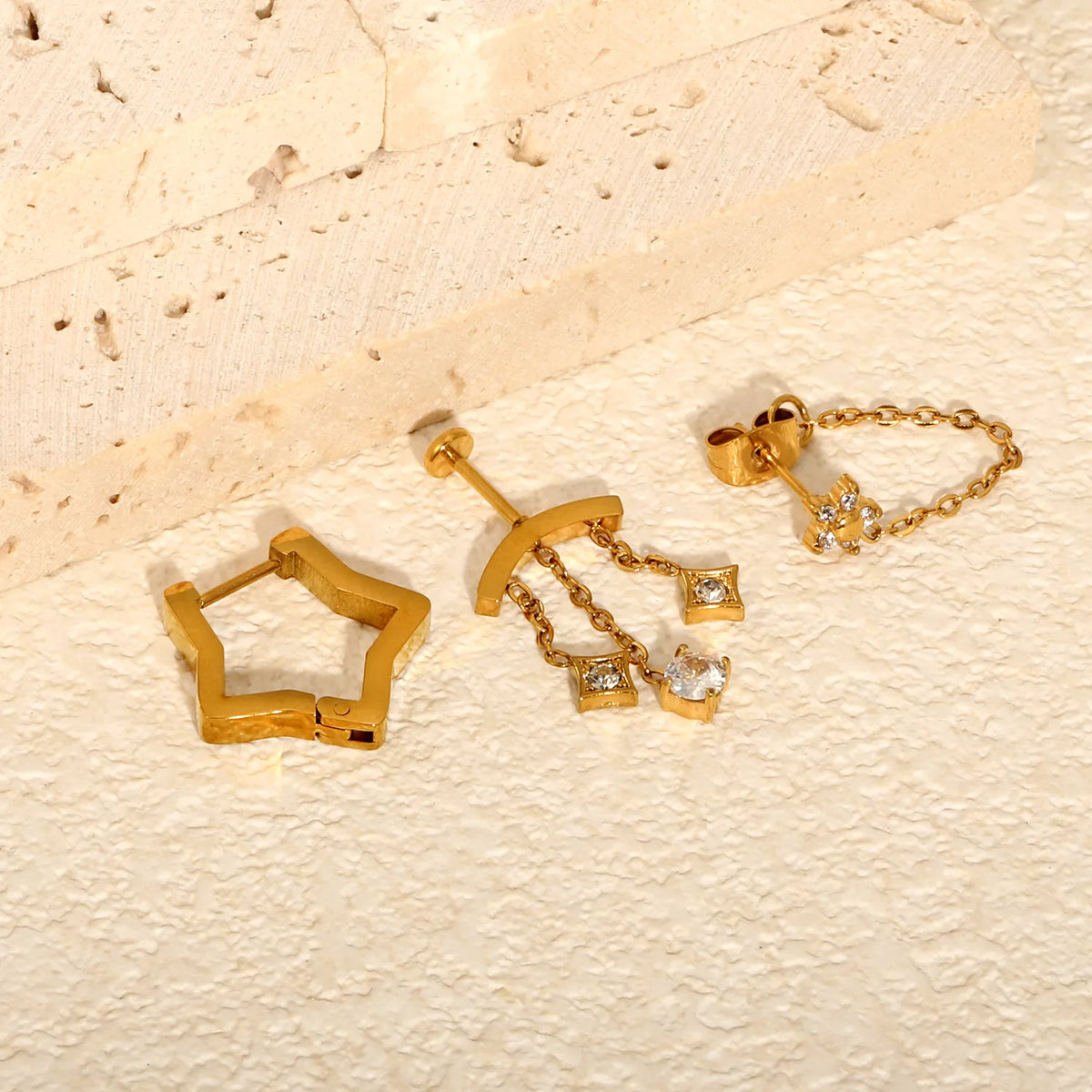 Layered Chain Drop CZ Ear Jewelry Pack | Mixed Style Square Floral Zircon Studs & Star Huggies