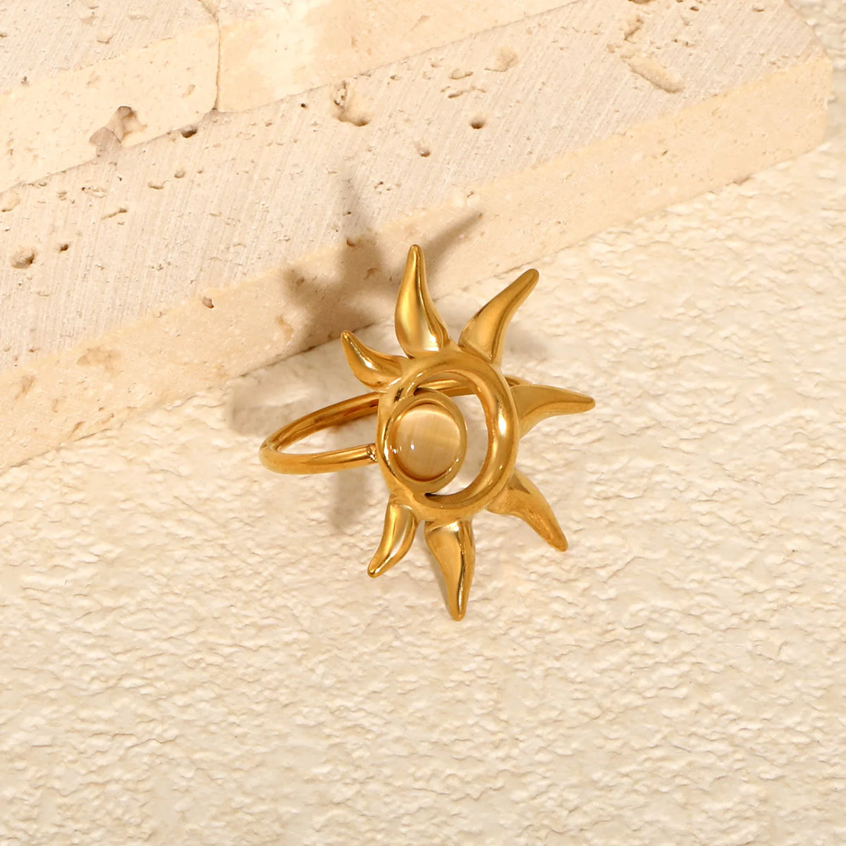 Boho Sun Opal Inlay Statement Ring | 27mm 18K Gold Plated Hollow Solar Open Ring | Size 8