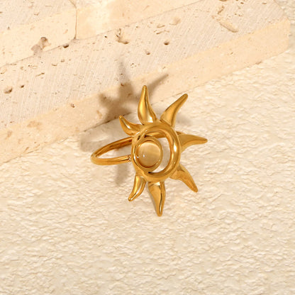 Boho Sun Opal Inlay Statement Ring | 27mm 18K Gold Plated Hollow Solar Open Ring | Size 8