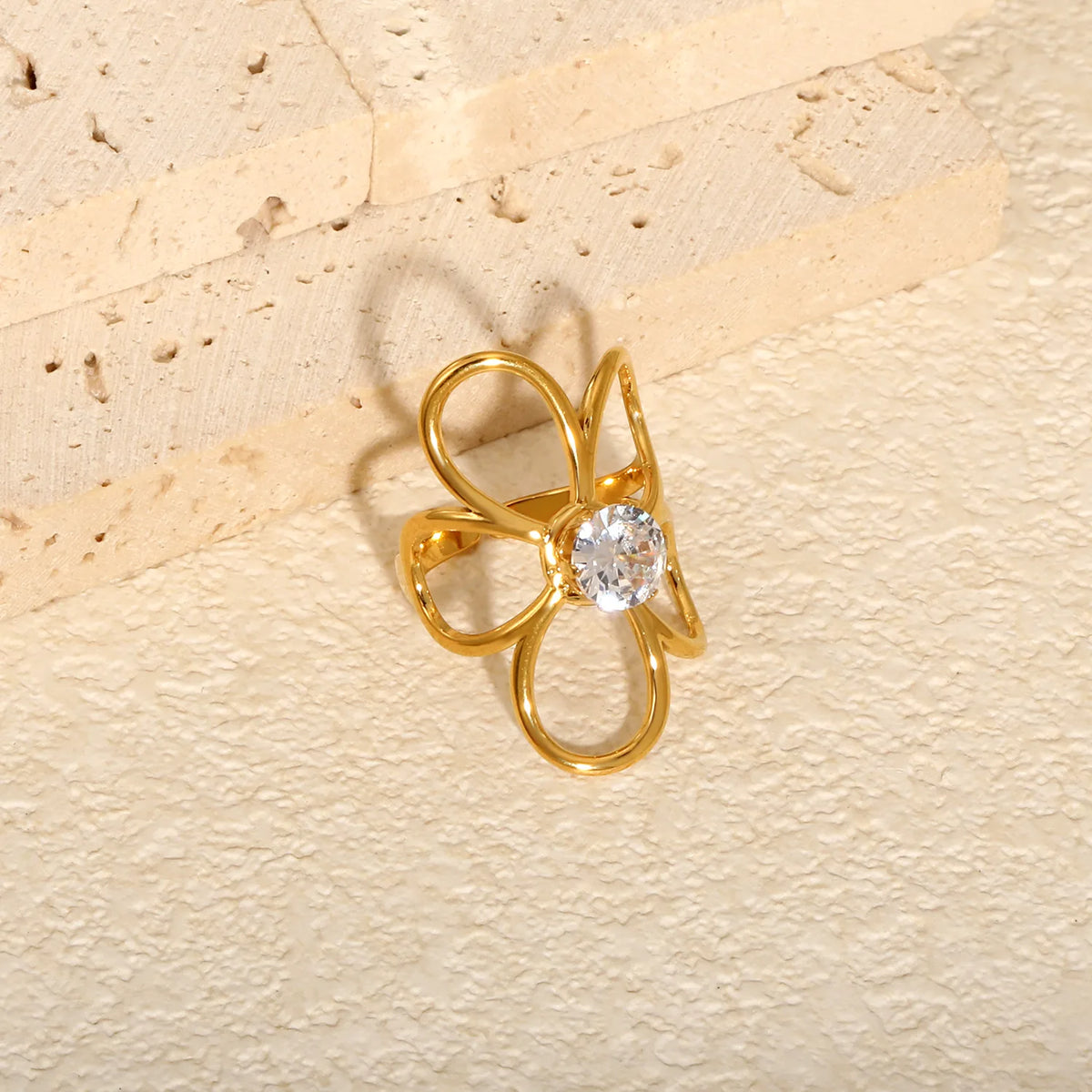 Oversized Outline Flower Zircon Ring | 30mm 18K Gold Plated Open Floral Ring | Size 7