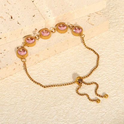 Milgrain Round Pink Zircon Bolo Bracelet | 8mm Round CZ | 24cm Adjustable Box Chain