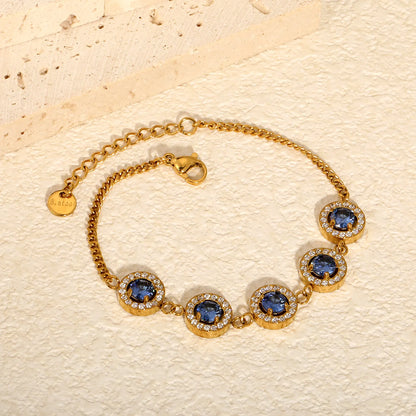 Elegant Bezel Set Sapphire Blue Cubic Zirconia Halo Bracelet | 10mm Double Layer CZ Charm | 17+3cm Curb Chain