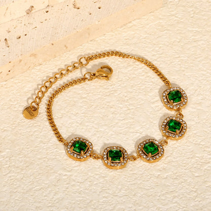 Halo Cushion Green Zircon Station Bracelet | 10mm Square Cushion CZ | 17+3cm Curb Chain
