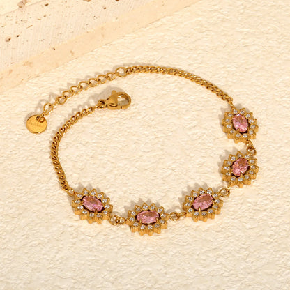Ornate Floral Halo Oval Pink Zircon Station Bracelet | 12x10mm Oval CZ | 17+3cm Curb Chain