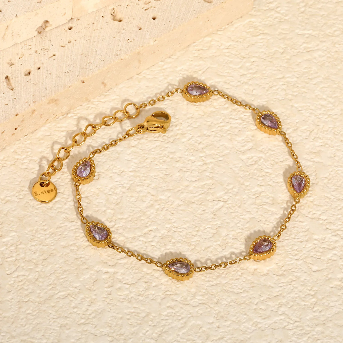 Milgrain Teardrop Pink Zircon Station Bracelet | 5.6x7.5mm Pear CZ | 17+3cm Adjustable Chain