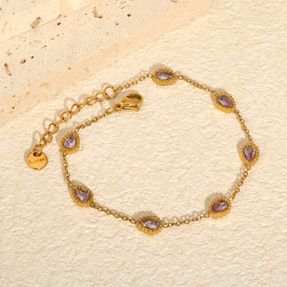 Milgrain Teardrop Pink Zircon Station Bracelet | 5.6x7.5mm Pear CZ | 17+3cm Adjustable Chain